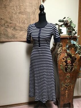 Ralph Lauren Navy and White Striped Knit Midi Dress